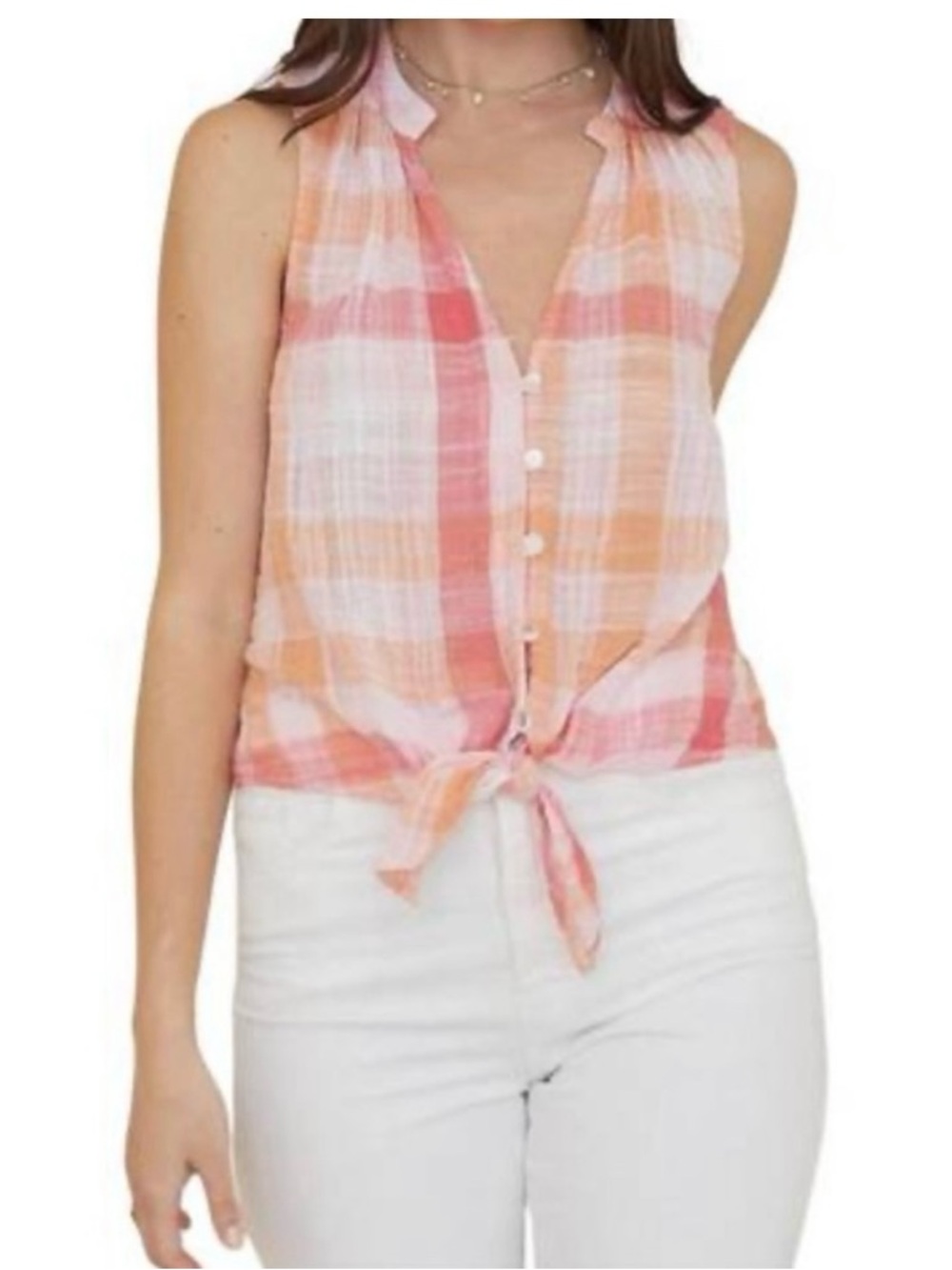 Bella Dahl Sleeveless Tie-Front Top - Pink & Peach Plaid